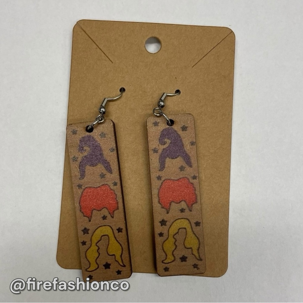 Sanderson Sisters NEW Witch Hocus Pocus Wooden Drop Earrings Orange Purple